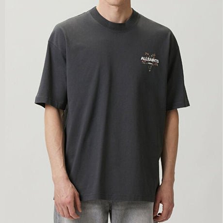 Black AllSaints Pentacle Floral T-shirt featuring a floral pentacle design on the front, casual and stylish apparel.