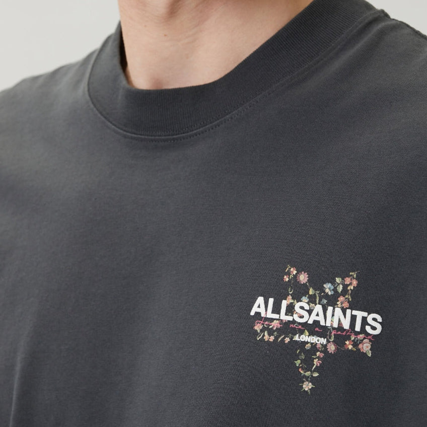 Black AllSaints Pentacle Floral Tee featuring a printed floral design on soft fabric, casual and stylish for everyday wear.