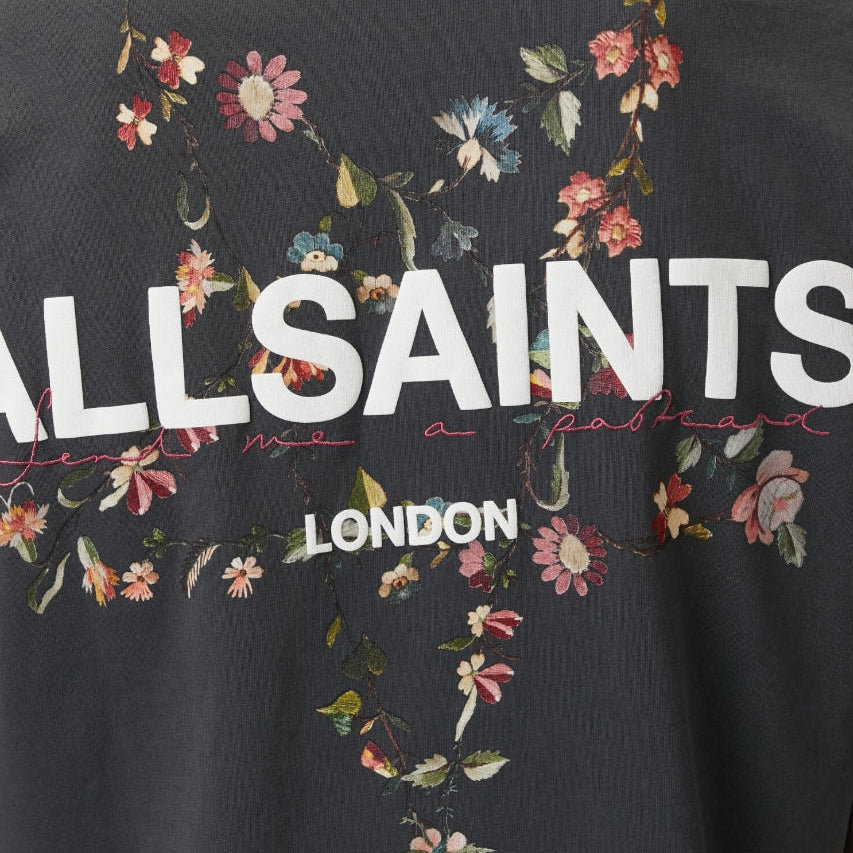 Black AllSaints Pentacle Floral T-shirt featuring a detailed floral and pentacle graphic on soft fabric.