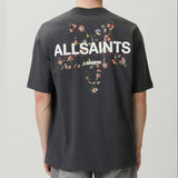 AllSaints black floral graphic T-shirt with pentacle design, casual crew neck for everyday wear.