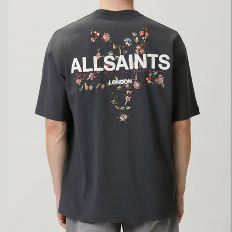 AllSaints black floral graphic T-shirt with pentacle design, casual crew neck for everyday wear.