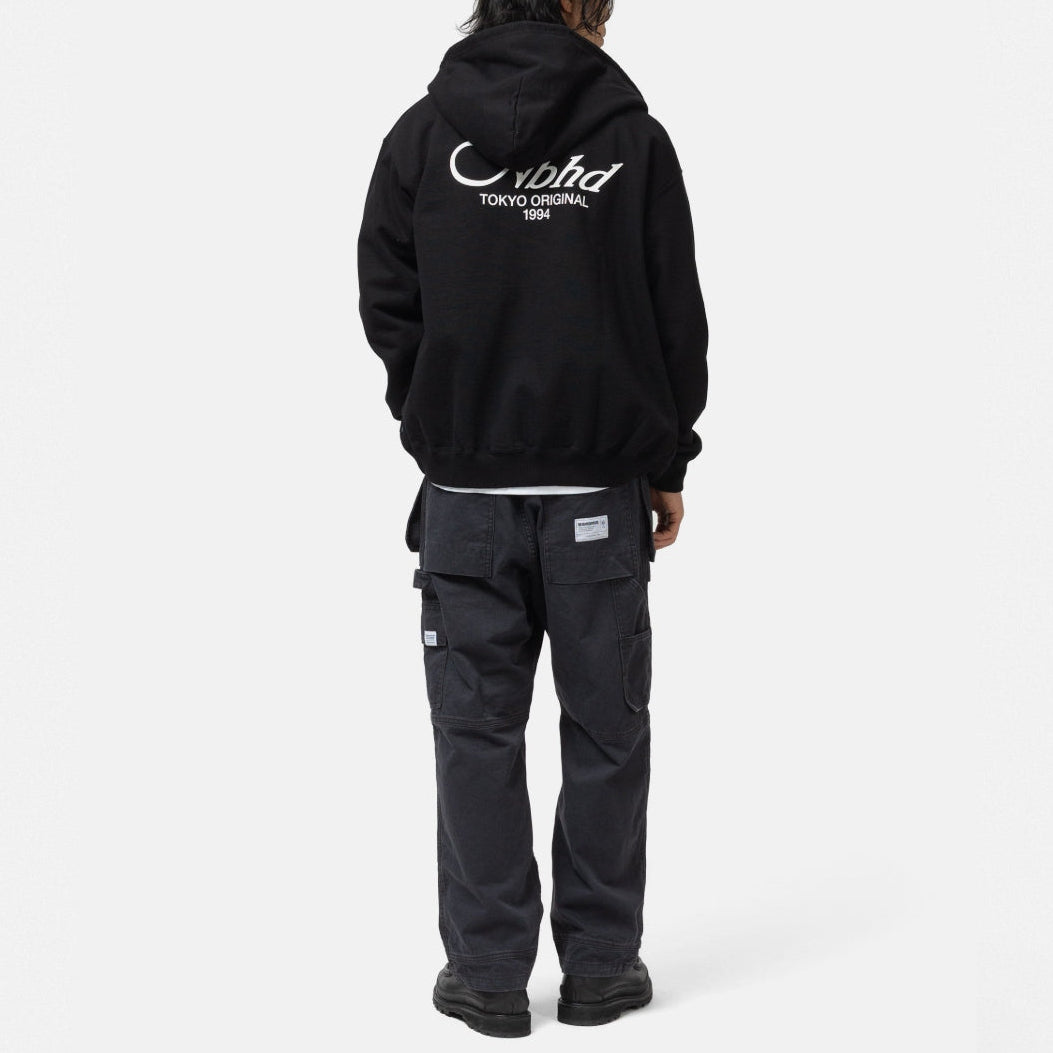 Black Neighborhood Staple Zip Hoodie, casual apparel with a front zipper and hood, displayed on a plain background.