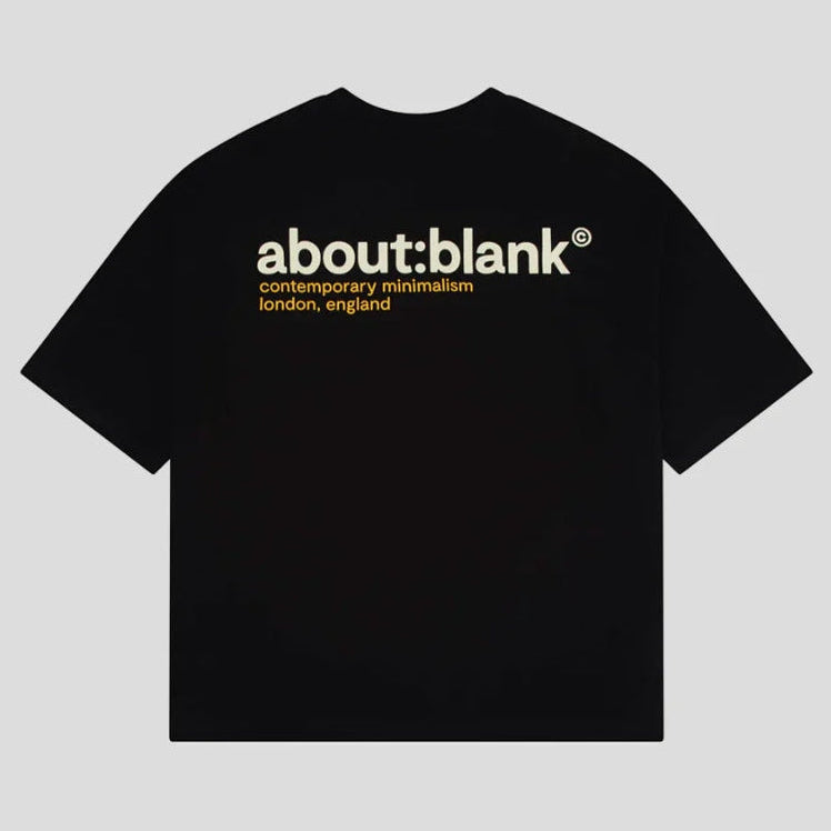 Black AboutBlank Collection Tee from ABOUT:BLANK displayed on a square image, showcasing a casual, stylish T-shirt.