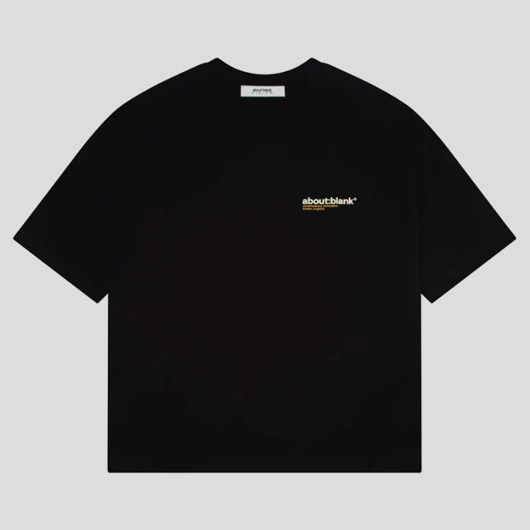 Black AboutBlank Collection Tee shirt from ABOUT:BLANK, featuring a classic crew neck and minimalist design.