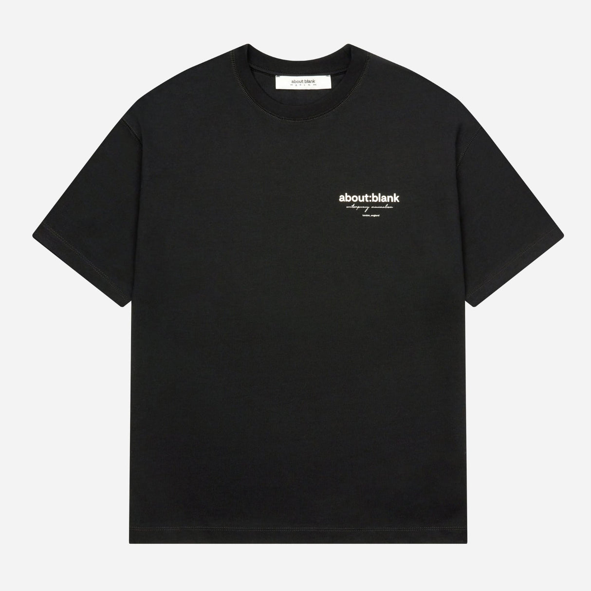 Black AboutBlank Reverse Blank Tee shirt with a simple, square image design, made for casual wear by ABOUT:BLANK.