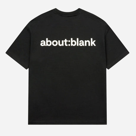 Black AboutBlank Reverse Blank Tee from About:Blank, showing a square-shaped black t-shirt with minimal design.