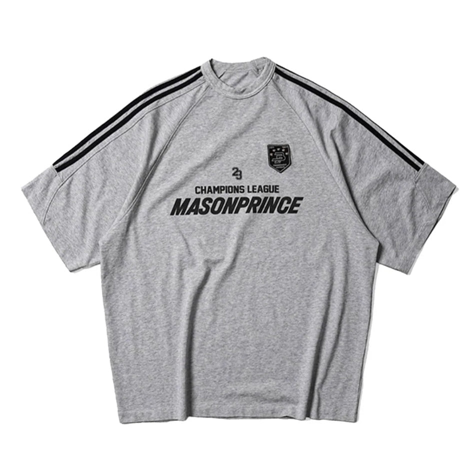Grey MasonPrince Millennium OV raglan tee with contrasting sleeves and logo detail, casual apparel for everyday wear.