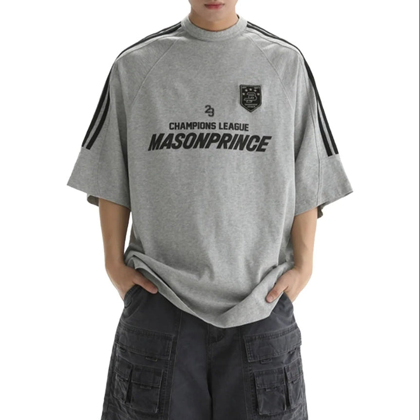Grey MasonPrince Millennium OV Raglan Tee, casual apparel with contrasting sleeves and brand logo on the front.