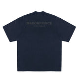MasonPrince navy oversized mock neck tee with reflective details, displayed on a white background.