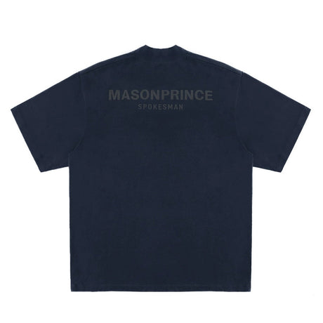 MasonPrince navy oversized mock neck tee with reflective details, displayed on a white background.