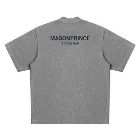 Dark grey MasonPrince reflective oversized mock neck tee, casual apparel with a relaxed fit and stylish design.