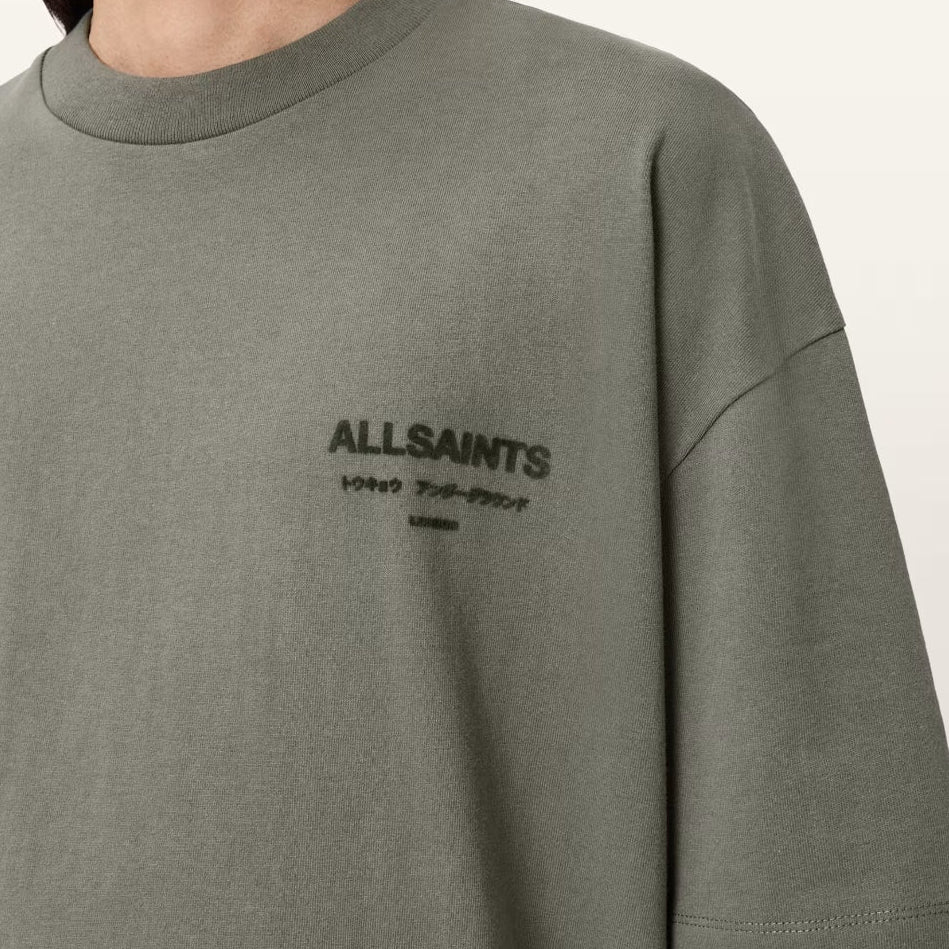 AllSaints Xander flocked logo maple green tee, men's casual apparel with flocked logo design and soft cotton fabric.