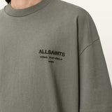 AllSaints Xander flocked logo maple green tee, men's casual apparel with flocked logo design and soft cotton fabric.