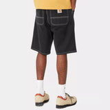 Black Carhartt WIP denim shorts with a heavy stone wash, casual style, and classic fit, perfect for everyday wear.