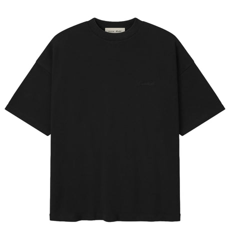 Fear of God Essentials Pique Signature 90s Tee in black, casual men's apparel with a classic fit and bold brand logo.