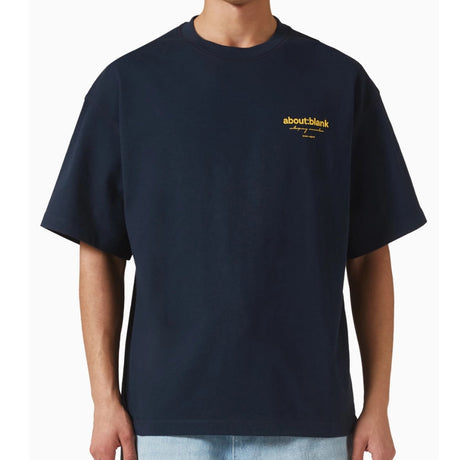 Navy AboutBlank Reverse Blank Tee shirt with minimalist design, casual fit, and soft fabric, ideal for everyday wear.