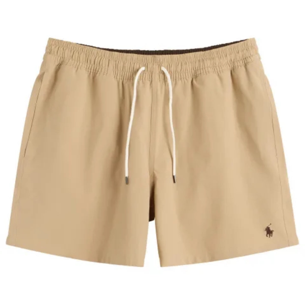 Ralph Lauren Traveler Khaki Swim Shorts for men, styled with an elastic waistband and side pockets, casual summer apparel.