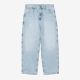 Carhartt WIP Belmont blue pants with a worn, bleached look, showcasing casual men's apparel in a close-up image.