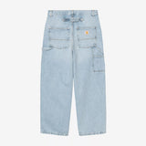 Carhartt WIP Belmont pants in worn bleached blue, displaying relaxed fit denim with distressed detailing and classic five-pocket style.