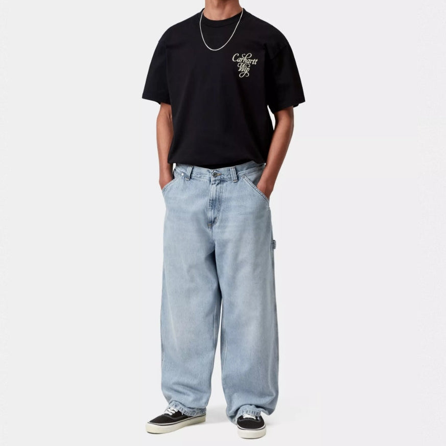 Carhartt WIP Belmont Blue Worn Bleached pants, casual men's apparel with a relaxed fit and distressed denim look.