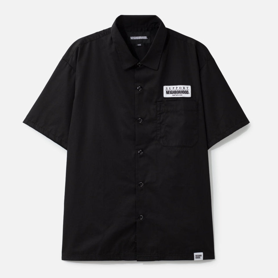 Black NEIGHBORHOOD classic work short sleeve shirt displayed flat, showing its casual design and durable fabric.