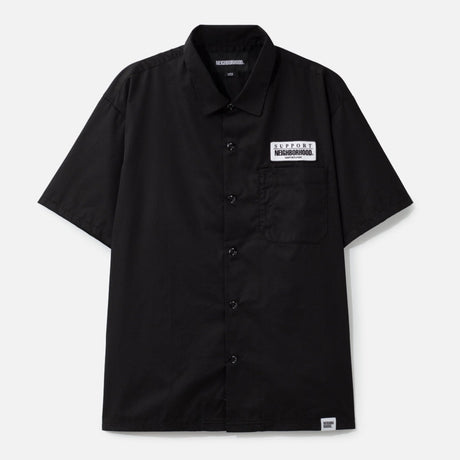 Black NEIGHBORHOOD classic work short sleeve shirt displayed flat, showing its casual design and durable fabric.