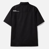 Black NEIGHBORHOOD Classic Work Short Sleeve Shirt displayed on a hanger, showcasing its casual design and fabric details.