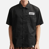 Black NEIGHBORHOOD Classic Work short sleeve shirt with button front and collar, displayed on a hanger.