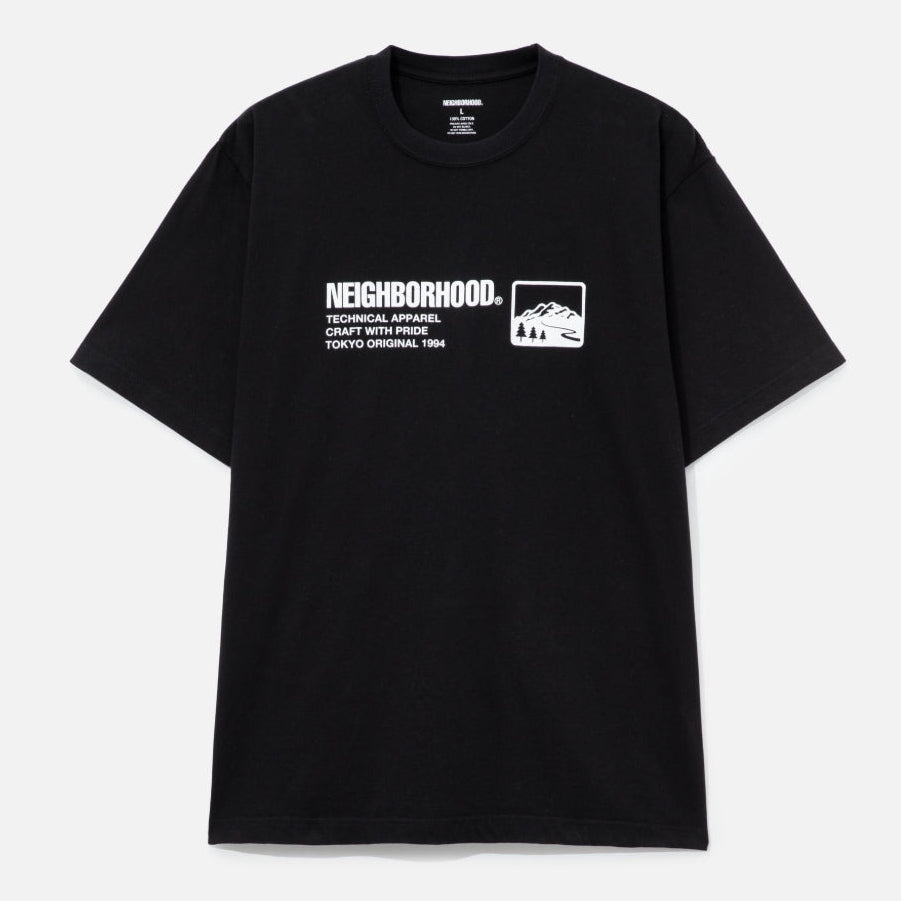 Black NEIGHBORHOOD SS-10 front logo T-shirt with square design, casual streetwear apparel, displayed flat on a white background.