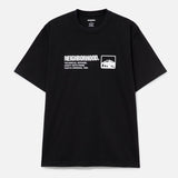 Black NEIGHBORHOOD SS-10 front logo T-shirt with square design, casual streetwear apparel, displayed flat on a white background.