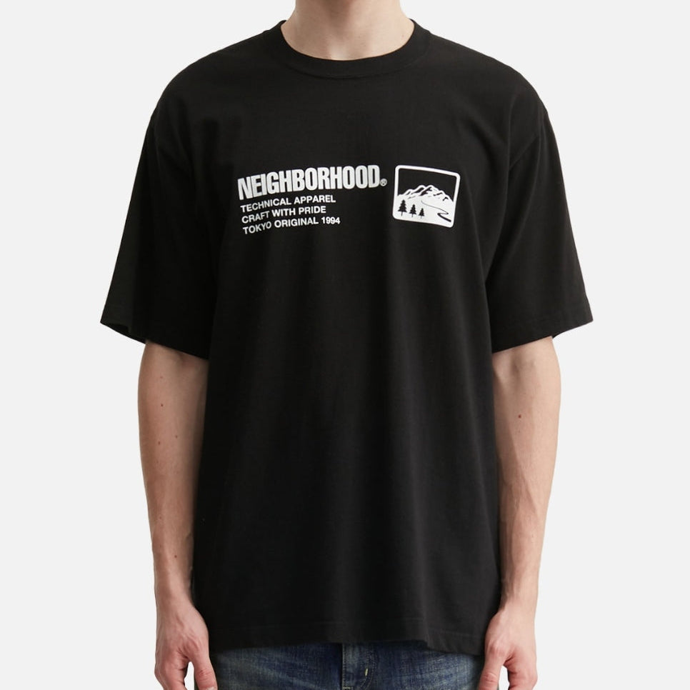 Black NEIGHBORHOOD SS-10 front logo tee shirt, casual apparel with a prominent front logo, displayed on a square background.