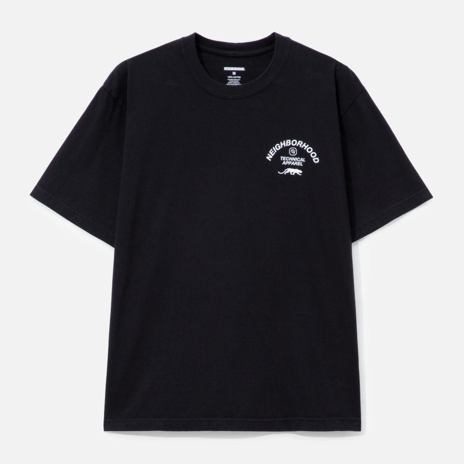 Black NEIGHBORHOOD SS-6 Tee shirt displayed flat, showing the front design and classic crew neckline.