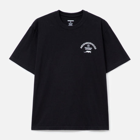 Black NEIGHBORHOOD SS-6 Tee shirt displayed flat, showing the front design and classic crew neckline.