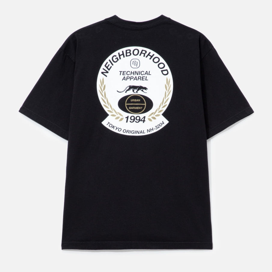 Black NEIGHBORHOOD SS-6 Tee shirt displayed on a hanger, showcasing the casual apparel's front design and fabric texture.
