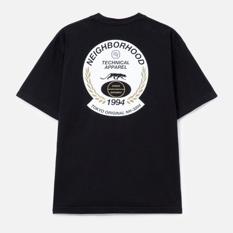 Black NEIGHBORHOOD SS-6 Tee shirt displayed on a hanger, showcasing the casual apparel's front design and fabric texture.