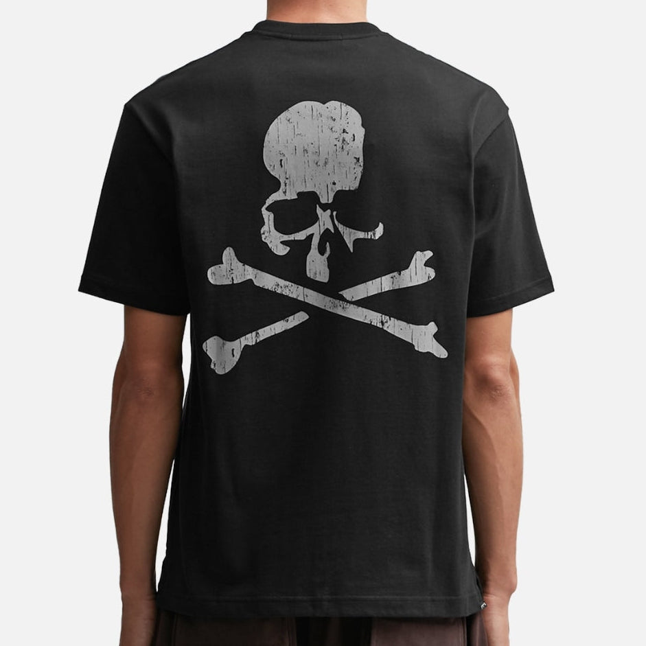 Black Mastermind Japan rubbed logo T-shirt, casual apparel with brand logo on the front, displayed on a plain background.