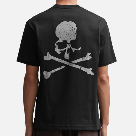 Black Mastermind Japan rubbed logo T-shirt, casual apparel with brand logo on the front, displayed on a plain background.