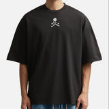 Mastermind Japan X MOONRAKERS front skull graphic tee in boxy fit, showcasing bold black and white design on soft cotton fabric.