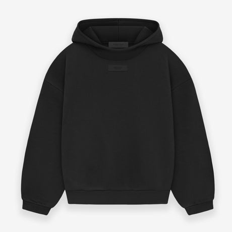 Black Fear of God Essentials applique box logo hoodie, casual streetwear apparel with bold branding and comfortable fit.