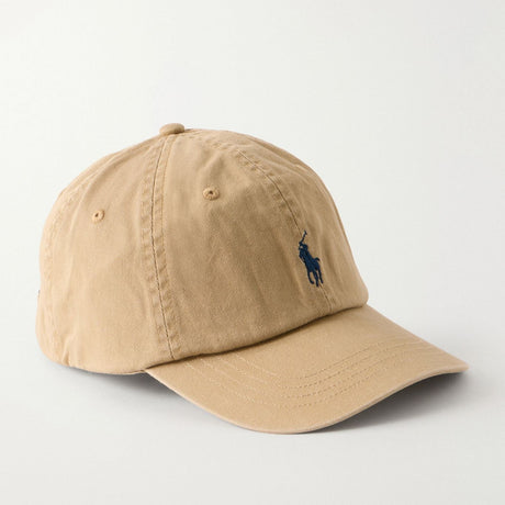 Khaki tan Polo Ralph Lauren logo-embroidered cotton-twill baseball cap, stylish headwear with classic design.