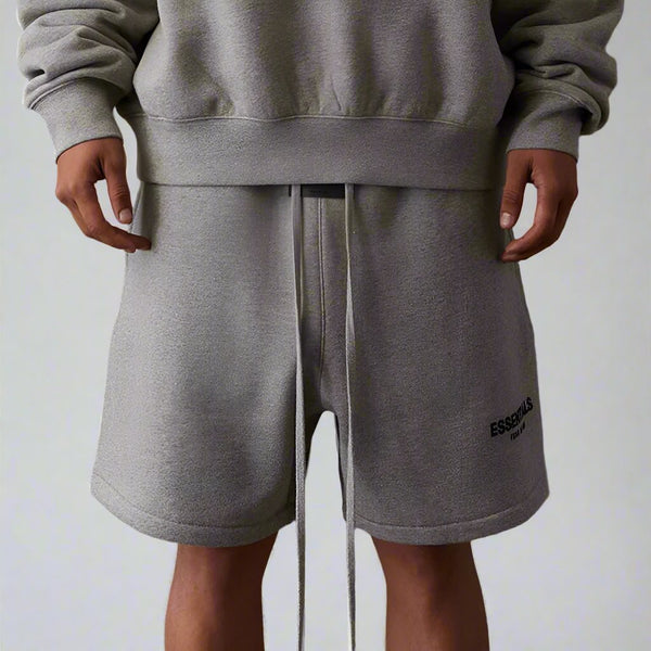 FEAR OF GOD Essentials Felt Logo Sweat Shorts Dark Oatmeal | ORIGINALFOOK