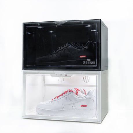 OriginalAB premium LED display shoe box in two colors, showcasing a modern, illuminated shoe storage container with clear visibility.