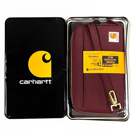 Carhartt nylon clutch wallet in wine color with multiple card slots and a zipper closure, designed for stylish accessories.
