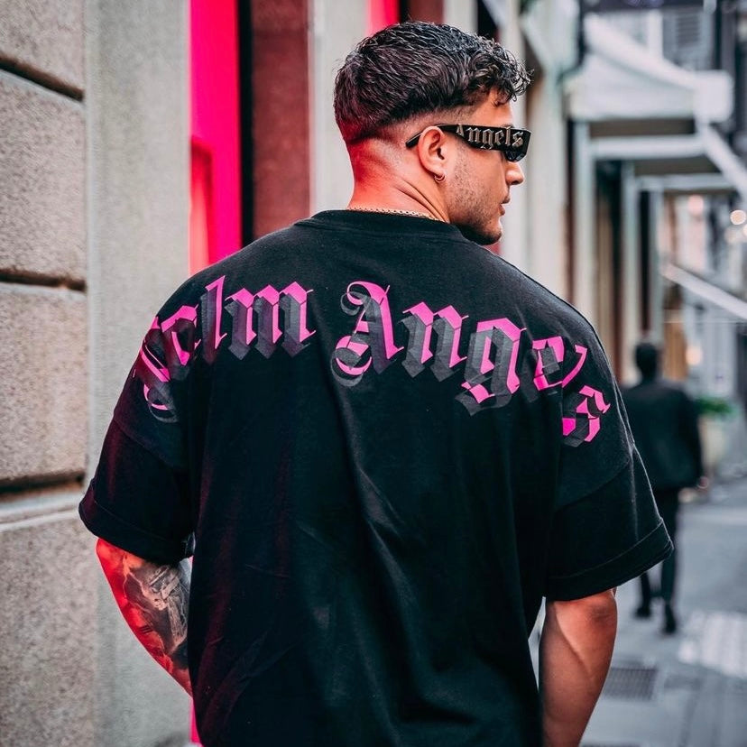 Palm Angels Classic Mock Neck Doubled Logo Tee Black Fuchsia